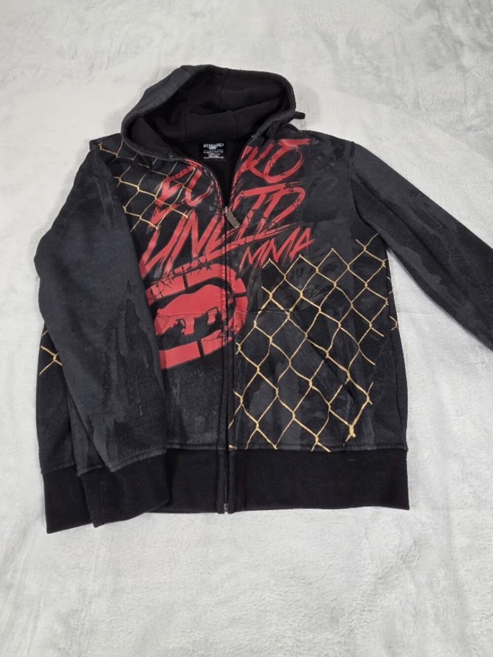 VTG Y2K Ecko Unltd MMA Zip Up Hoodie Black Red Chain Cyber Grunge Fence Graphic